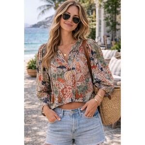 Chufy Cotton Silk Tassel Tie Blouse Multicolor Boho Puff Sleeve Crop Top Small